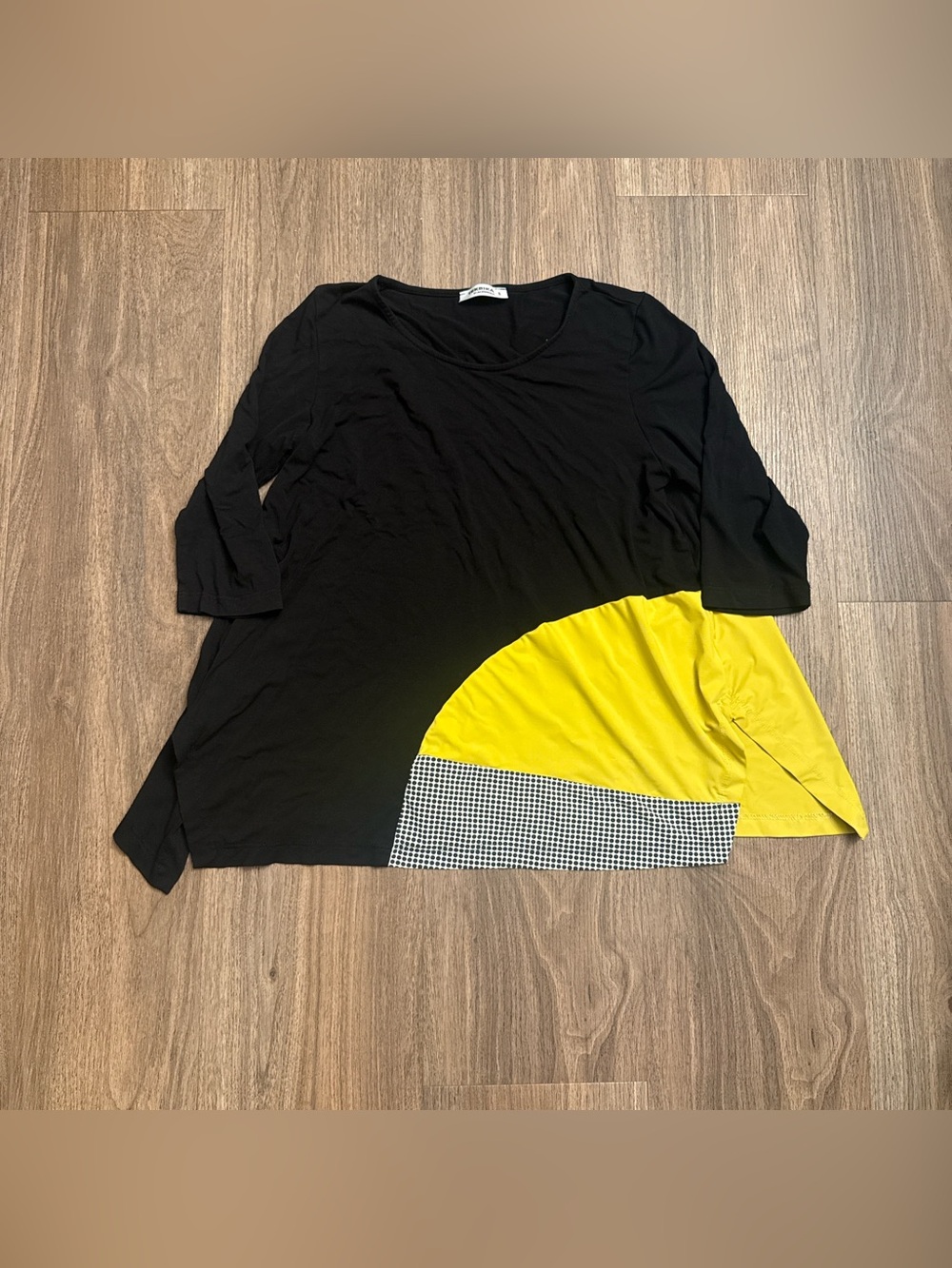 ALEMBIKA Black, yellow, and white asymmetrical color block top with 3/4 sleeves,